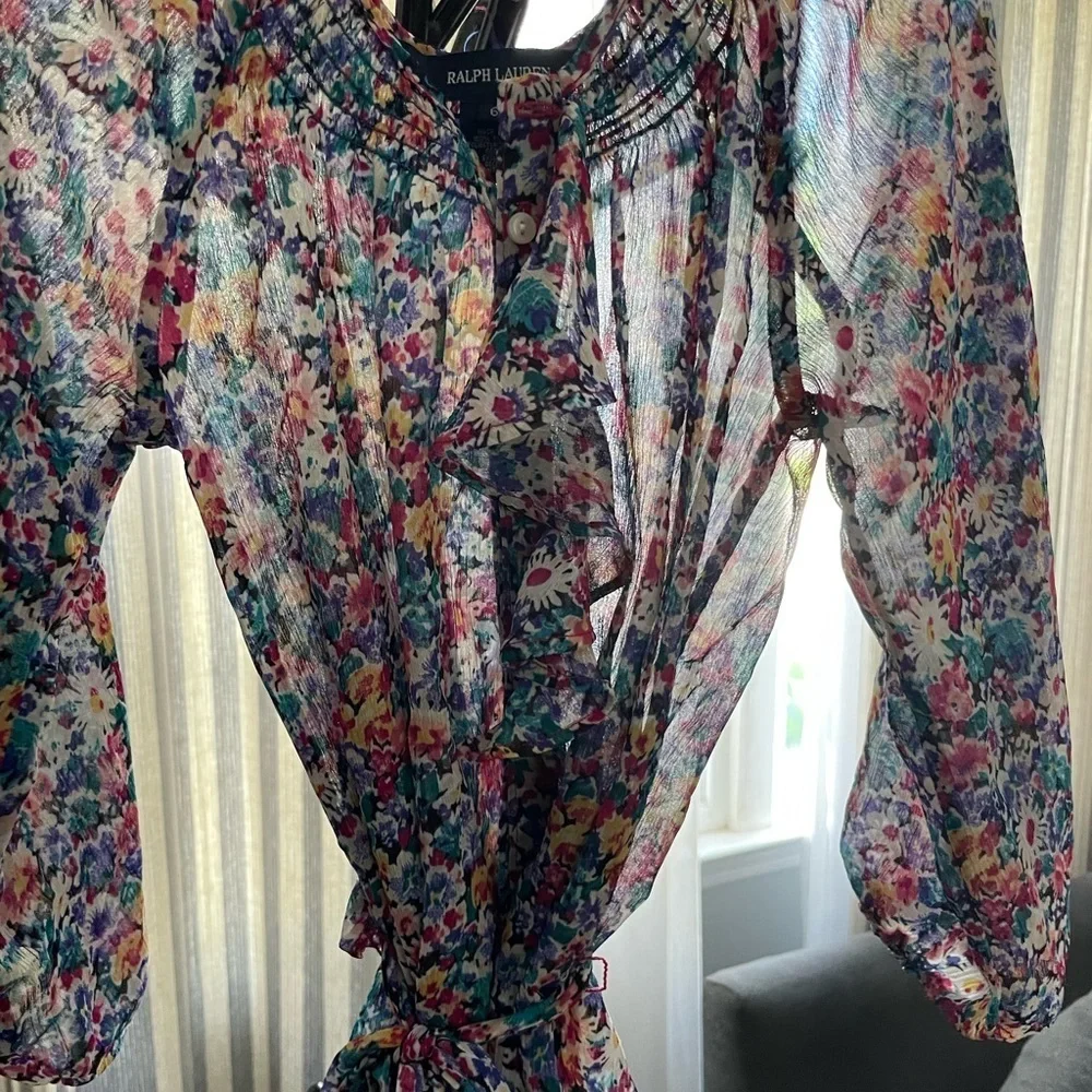 Gorgeous and frilly Ralph Lauren sheer floral dress with tie